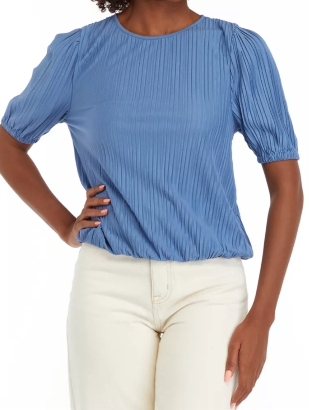 WONDERLY size Large Puff Sleeve Bubble Hem Pleated Top Blue